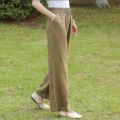【Zihe】Linen Wide-Leg Pants Straight High Waist Solid Color Casual Pants Loose and Elastic Cropped Summer Versatile Ladies.