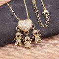 Son Daughter Heart Gold Color Cubic Zirconia Family Girl Boy Pendant Necklace Copper Chain Jewelry Mother's Day Gift.
