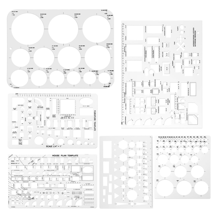 6pcs Circle Template for Drafting, Geometric Shape Stencils Circle Square Measuring Ruler for Building Formwork Drawing
