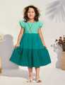 Kids’ Patchwork Midi Dress – Casual, Color Block, Flounce Sleeves, High Waist, Plain Design.