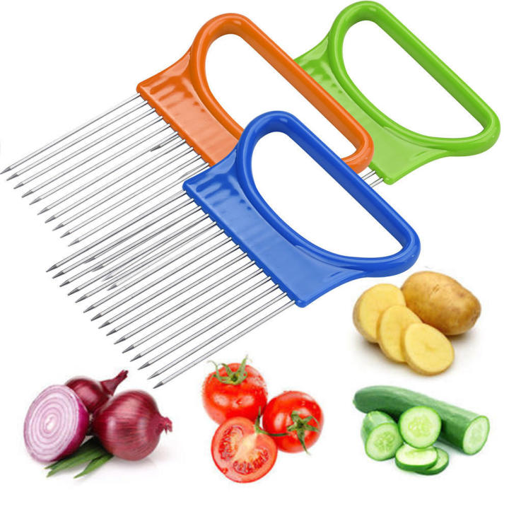 Tomato Onion Vegetables Slicer Cutting Aid Holder Guide Slicing Cutter Safe Fork Kitchen Onion Holder for Slicing, 2025 New Stainless Steel Slicer Holder, Lemon Slicer Vegetable Cutter, Chopper Slicing Assistant Tool for Meat, Potato, Tomato Home Kitchen