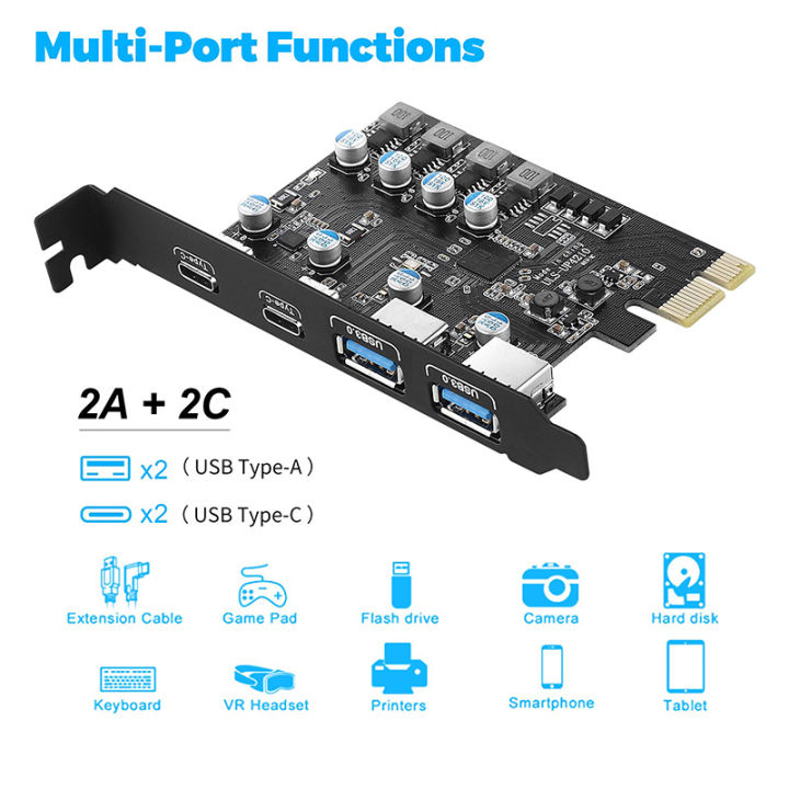 PCI Express Card 2Port USBA/ USBC 5Gbps USB3.2 Gen1 USB3.0 PCIE Card Expansion Add On Card Adapter For Windows/MacOS/Linux Leima