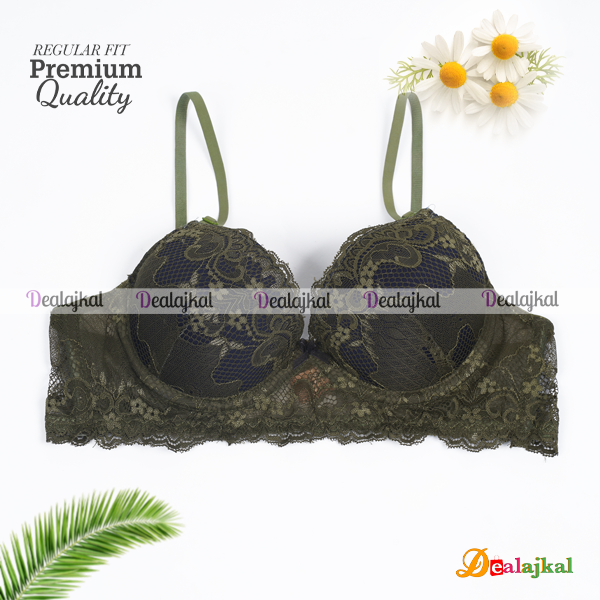 Soft Net Design Foam Padded Olive Color Bra For Girls-One Piece