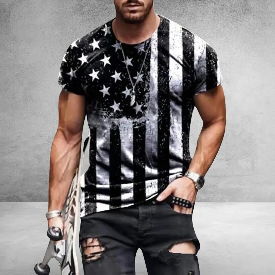 2021 Men's T-shirt American Flag Print T-shirt Summer Round Neck Cool  Oversize Muscle Streetwear Clothing Tshirt Men