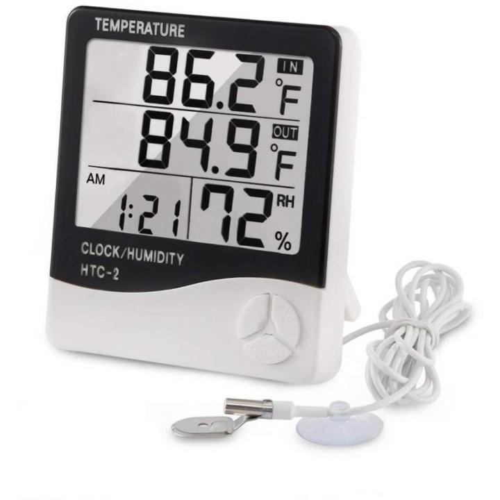 HTC2 H.T.C-2 Digital LCD Display With Temperature Humidity Meter Gauge Thermometers Temperature Sensor Indoor Outdoor 1.5M Length Cables Probe With Clock Wall Mount Meter