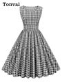 Tonval Gingham 50s Pinup Rockabilly Cotton Dresses for Women 2022 O-Neck Sleeveless High Waist Plaid Pleated Vintage Dress.