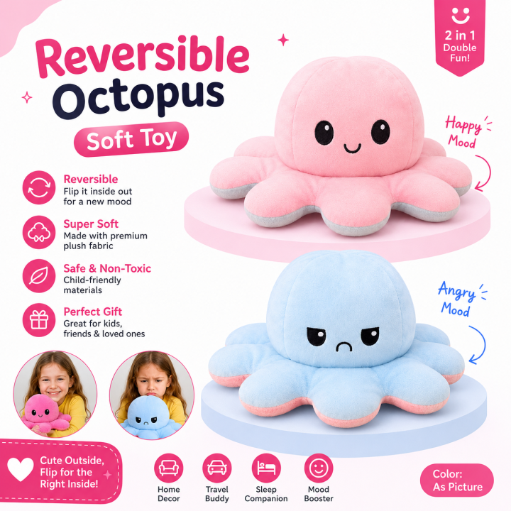 Octopus Soft Toy, Reversible Soft Toy, Hot Pink