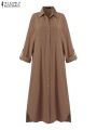 ZNAZEA Fashion Women Shirtdress Autumn Work OL Holiday Dress Solid Color Long Sleeve Buttons Down Casual Loose Dresses Hem Split.