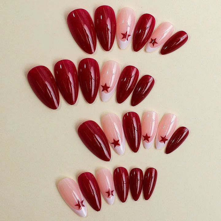 French%20Nails%20Red%20Five-pointed%20Star%20False%20Nails%20Full%20Cover%20Press%20on%20Nail%20Tips%20y2k%20Nail%20Art%20Almond%20Artificial%20Nail%20Patches%20-%20Image%203