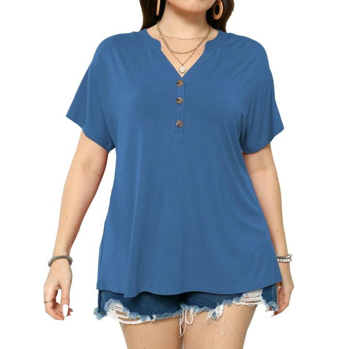 Females%20Short%20Raglan%20Sleeves%20Dressy%20Plus%20Size%20Women's%20Tops%20Casual%20Button%20Up%20V-Neck%20Tunic%20Shirts%20(1X-4X)%20-%20Image%203