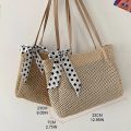 Large Summer Beach Shoulder Bag Straw Woven Square with Silk Ribbon Handle Purse. 