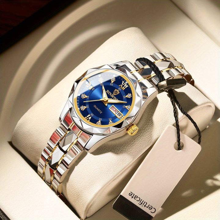 BINBOND Luxury Rhinestone Quartz Watch Night Glow Fashion Calendar Analog Business Leisure Wrist Watch