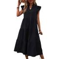 Women Summer Dress A-line Patchwork Big Hem Lady Dress Flying Sleeves Ruffle Pleated Vacation Beach Midi Dress. 