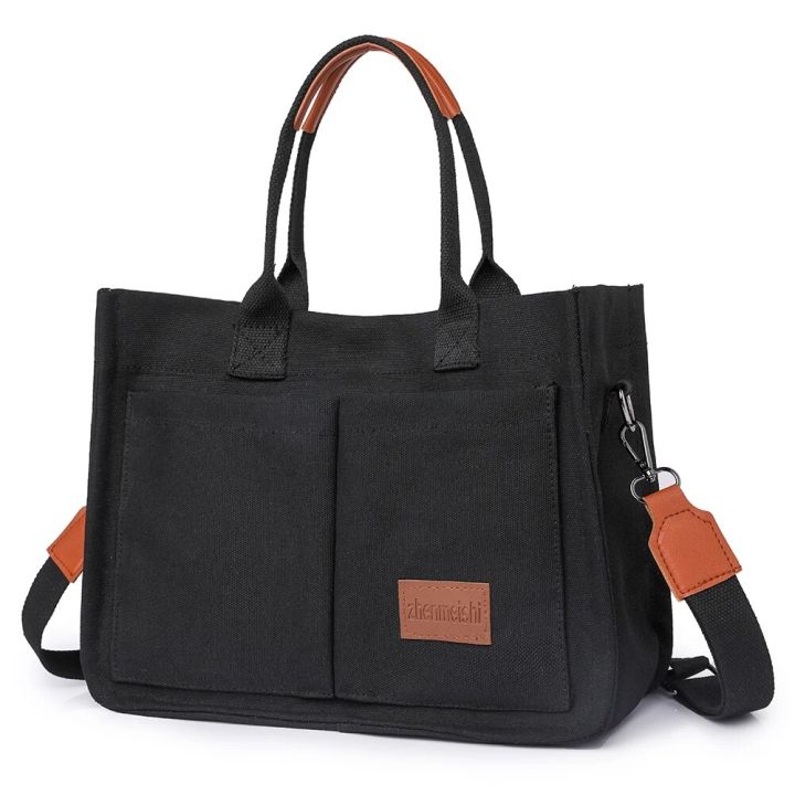 Women Canvas Bag Fashion Shoulder Bag Retro Top Handle Bag Large Capacity Crossbody Bag Simple Shopping Bag Square Commuting Bag