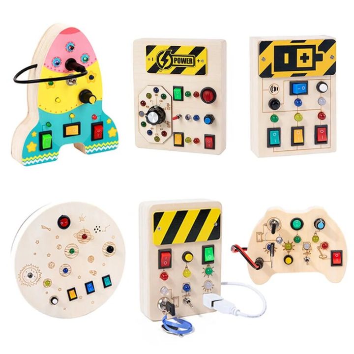 Wooden Busy Board with LED Light Montessori Toys for Toddler 1-3Y Baby Sensory Educational Travel Toggle Switch Toy Kids Gift