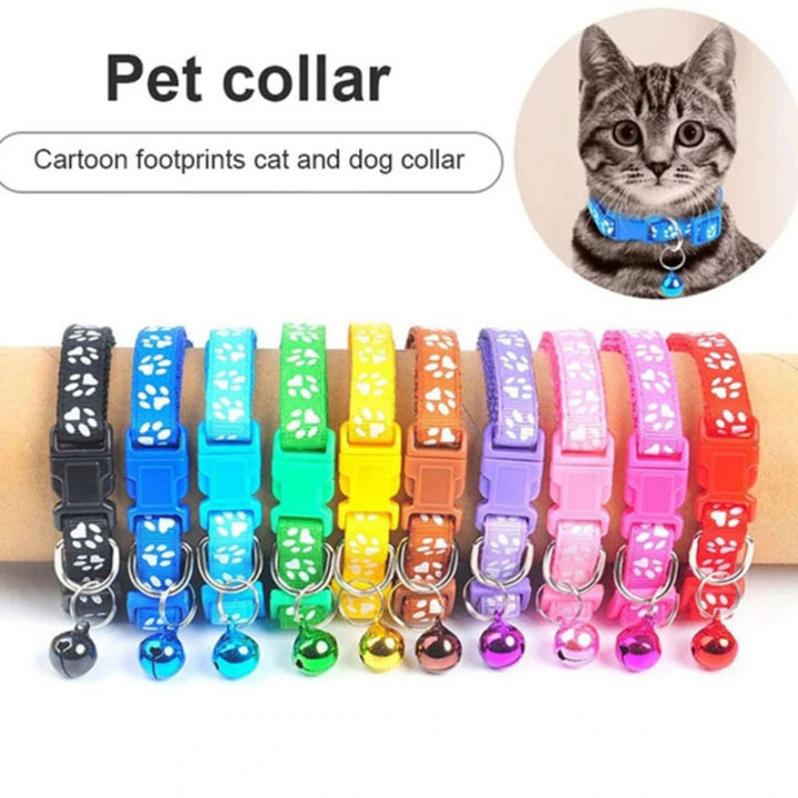 Dog Puppy Cat Kitten Buckle Cute Paw Print Bell Adjustable Pet Collar- multicolour