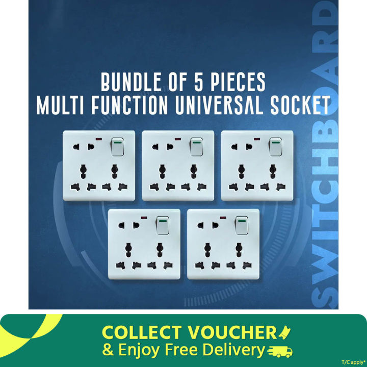 Bundle of 5 Pieces Multi Function Universal Wall Gang Socket - 8 Pin Gang Universal Socket