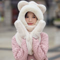 Bear hat, scarf, gloves, one-piece three-piece set for women, autumn and winter, Korean version of students, cute thickened knitted plush hat.