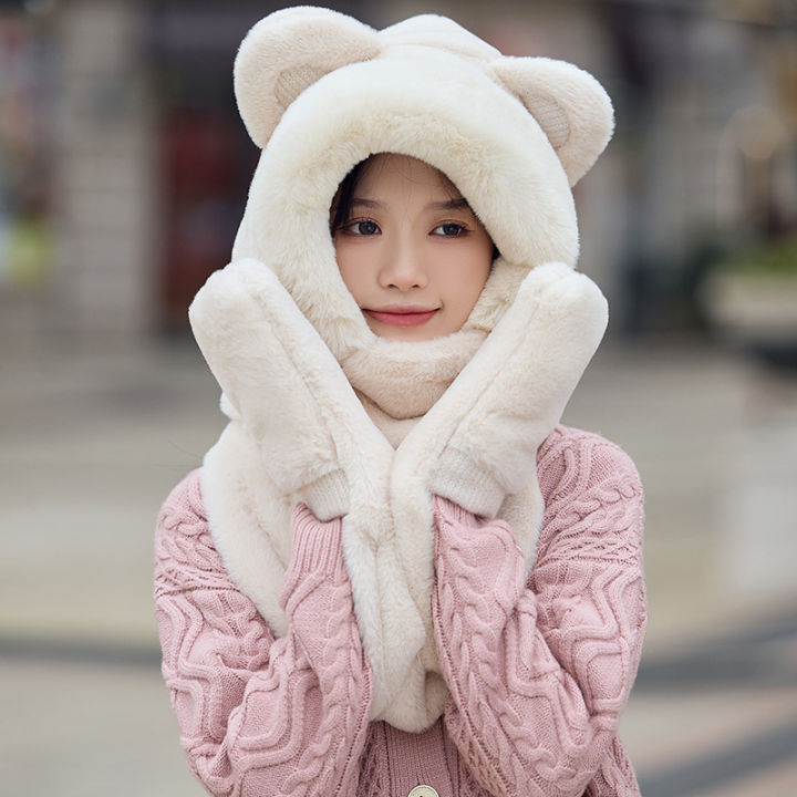 Bear hat, scarf, gloves, one-piece three-piece set for women, autumn and winter, Korean version of students, cute thickened knitted plush hat