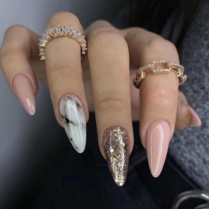 24Ps Almond False Nails Marble Grain Exploding Nail Art Flash Fragments Spicy Girl European and American Ins Press on Nails