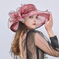 Elegant Women's Summer Hat Wide Bridal Style Leaf Flower Mesh Polyester Shower Hats Solid Color Sun Protection Visors Caps.