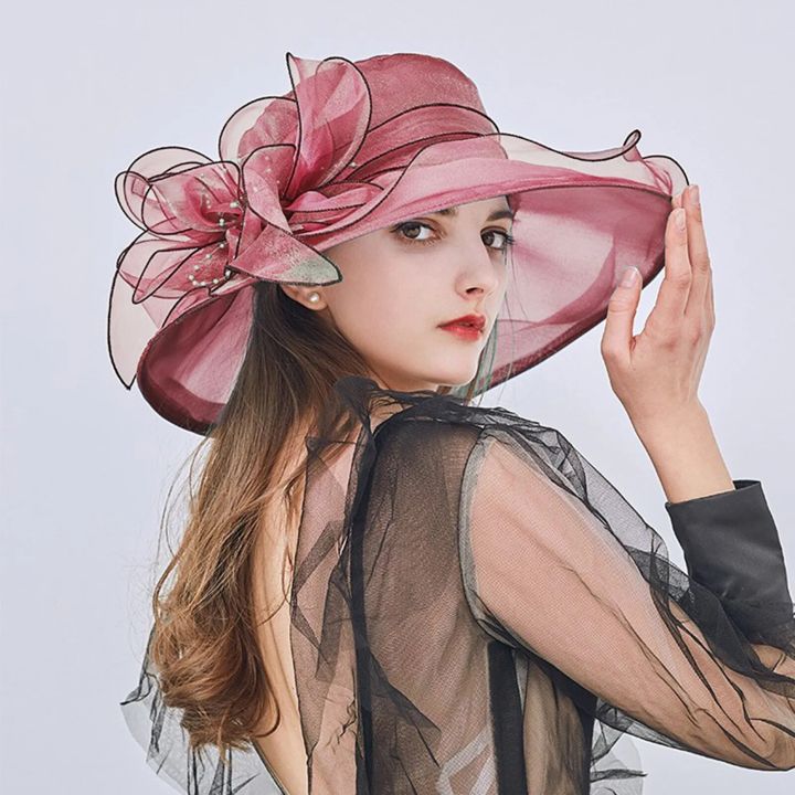 Elegant%20Women's%20Summer%20Hat%20Wide%20Bridal%20Style%20Leaf%20Flower%20Mesh%20Polyester%20Shower%20Hats%20Solid%20Color%20Sun%20Protection%20Visors%20Caps%20-%20Image%204