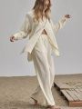 Ladies qualityful Cotton Maxi Shirt Fall Wide Leg Pants Set Two Piece Set Vintage Loose Streetwear Outfits. 