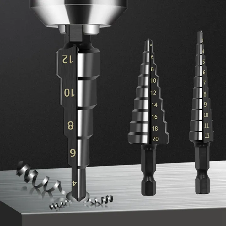 XHHDQES%204Pcs%203-12%204-12%204-20mm%20HSS%20Straight%20Groove%20Step%20Drill%20Bit%20Nitride%20Twist%20Drill%20Wood%20Metal%20Hole%20Cutter%20Core%20Drilling%20Tools%20-%20Image%207