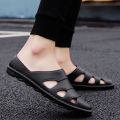 Closed-Toe Slippers Men's Summer Outdoor Non-Slip Deodorant Beach Sports Leather Sandals Hollow Driving Half Slippers Vietnam Hole. 