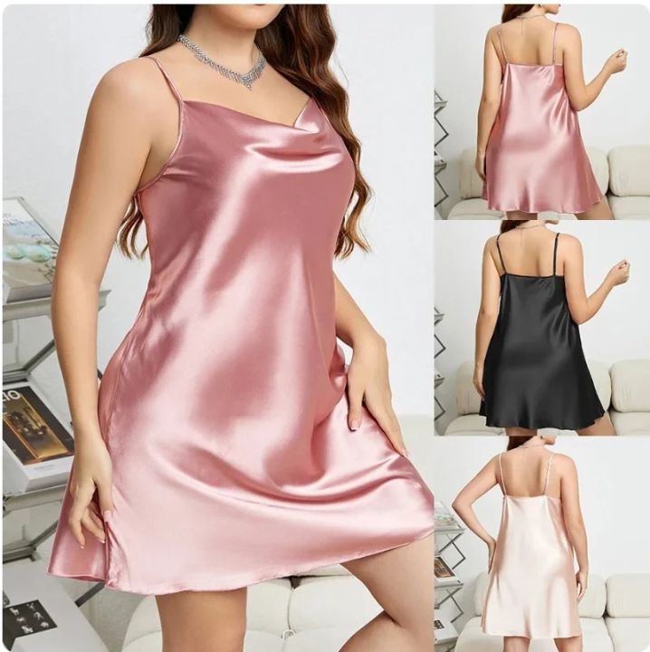 Female Nightgown Sexy Suspender Nightdress Pink Chemise Sleepwear Bathrobe Loose Satin Home Dressing Gown