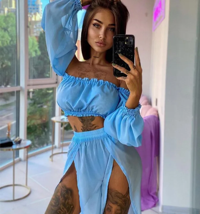 8%20Colors%20Summer%20Women's%20Clothes%20Sets%20Solid%20Color%20Off%20Shoulder%20Long%20Sleeve%20Tops%20Cover%20Up%20Skirt%202pcs%20Suit%20Holiday%20Beachear%20-%20Image%206
