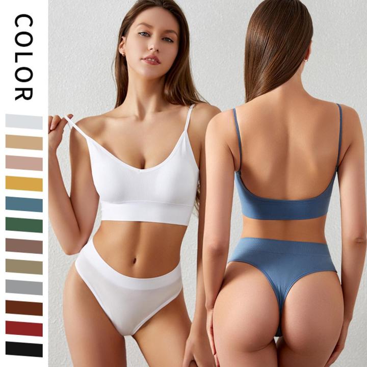 New Women Seamless Bra Set Thong Low Waist Panties Wire Free Bra Bralette Lingerie Brassiere Cotton Female Underwear Set