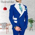 Thorndike High Quality Grey Men's Business Double Breasted Solid Color Suit Coat / Male Slim Wedding 2 Pcs Blazers Jacket Pant.