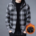 Men Sweater Jacket Fashion Winter Coat Fleece Hoodies High Quality Luxury Checkered Hooded Knit Cardigan Male Outer Wear.