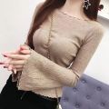Super Fairy Bell Sleeve Top for Women Spring and Autumn New Versatile Long Sleeves Elastic Wooden Ear off-Neck Knitted Bottoming Shirt Trendy.