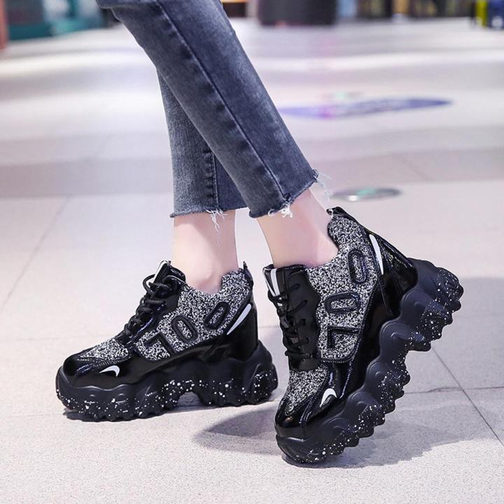 9.5cm/3.7 Inch Height Wedge Sneakers vator WOMEN'S Shoes Colorful Sequin Slanted Heel High-Heel Casual Small Athletic Shoes Korean-style Short-height Chunky Sneaker