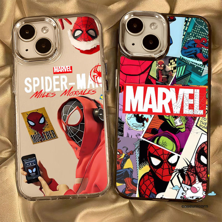 Luxury Plating Metal Lens Cool Spider-Man Couples Phone Case Compatible for IPhone 16 15 14 13 11 12 Pro Max 7Plus 8Plus 6 15 6S 8 7 Plus XR XS Max SE 2020 X Trendy Brand MARVEL Cover