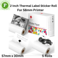 Waterproof Label Stickers 5 Rolls 57mm x 30mm Sticker Paper Rolls for 58mm Thermal Printer, POS Printer, Receipt Printer, Mini Thermal Printer, Pocket Printer. 