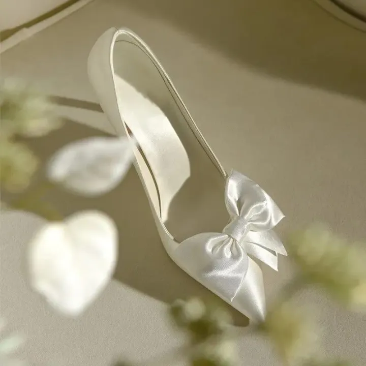 New%20Bridal%20White%20Satin%20Bow%20Stiletto%20High%20Heels%20Pumps%20Single%20Wedding%20Shoes%20-%20Image%202
