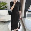 ZANZEA Womens Chinese Style Elegant Plain Short Sleeve Slims Fit Pleated Midi Shift Dresses #11. 