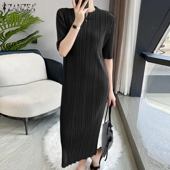 ZANZEA%20Womens%20Chinese%20Style%20Elegant%20Plain%20Short%20Sleeve%20Slims%20Fit%20Pleated%20Midi%20Shift%20Dresses%20#11%20-%20Image%203