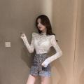 Girls Hollow Out Lace Blouses Shirts Tees FemaleTurtleneck Basic Elegant Slim Elastic Full Sleeve Black Blouses Tops For Women. 
