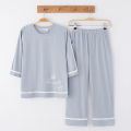 Mengzhiteng Korean Style Japanese Style Pajamas Women's Summer and Autumn Cotton Cropped Sleeves Pullover Outerwear Homewear Suit.