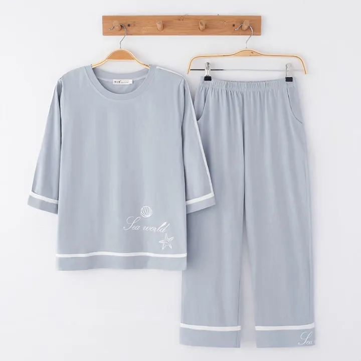 Mengzhiteng%20Korean%20Style%20Japanese%20Style%20Pajamas%20Women's%20Summer%20and%20Autumn%20Cotton%20Cropped%20Sleeves%20Pullover%20Outerwear%20Homewear%20Suit%20-%20Image%209