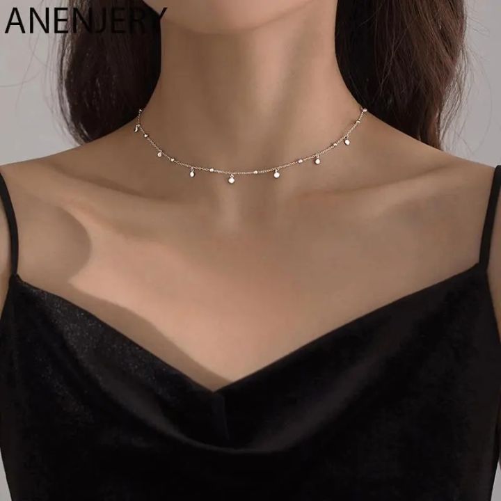 ANENJERY Delicate Jewelry Round Bead Discs Choker Necklace
