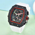Richard sports hollowed out watch barrel shaped wood grain flower ghost head timing six needle quartz watch alloy silicon tape.