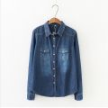 Autumn Women Lapel Button Blue Long Sleeves Denim Jean Shirts Pocket Slim Jeans tops Blouse Plus Size blusas mujer. 