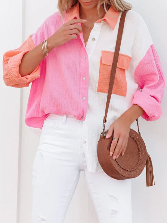 Eligible%20Women's%20Blouse%20Contrast%20Color%20Stitching%20Long%20Sleeve%20Lapel%20Button%20Closure%20Loose%20Versatile%20Casual%20Shirt%20Tops%20-%20Image%205
