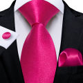 Solid Hot Pink Stain Men's Tie Set Handkerchief Cufflinks 8cm Width Wedding Party Necktie Groom Men Suits Accessories Gift.