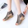 2019 summer new European and American cross-border flat-heeled fish-mouth sandals women's flat-heeled cut-out fashion shoes matte plus-size women's shoes. 